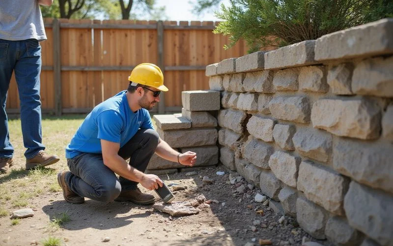 Two neighbors and a contractor examining a section of collapsed retaining wall near a property line, with a notepad for documenting damage