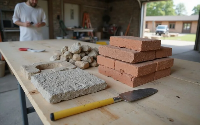 Three side-by-side sample sections showing brick pavers, natural fieldstone, and stamped concrete finishes for comparison