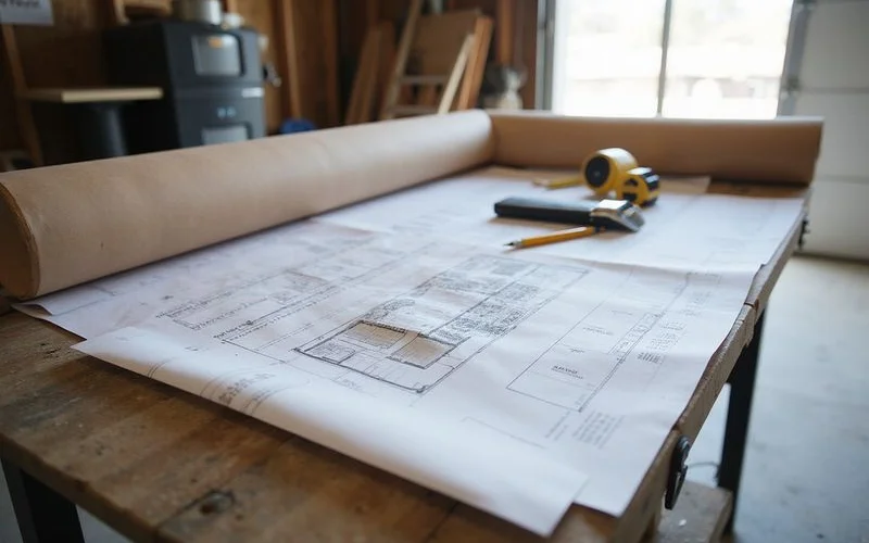 A building permit document and a hand-drawn site plan sketch laid out on a table next to a tape measure