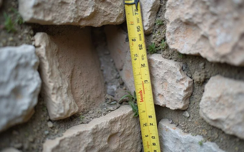 A segmental retaining wall showing a visible outward bulge and separated joints partway up its height