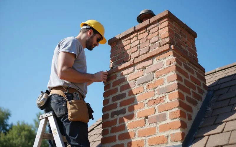An inspector checking a rebuilt brick chimney with a clipboard, scaffolding still in place around the structure