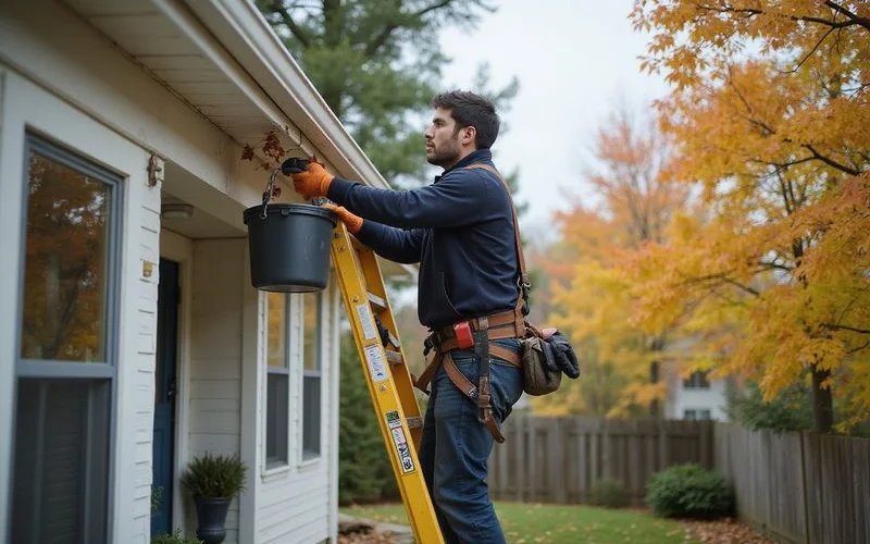 A homeowner clearing leaves and debris from a gutter above a brick wall in late autumn, ladder visible against the house