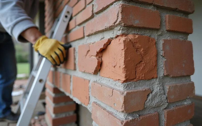 A close view of a brick chimney showing cracked mortar joints and a section of spalled, flaking brick face near the top