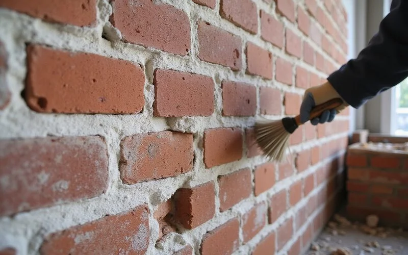 A brick wall showing white efflorescence staining in one area and several spalled, flaking bricks in another section