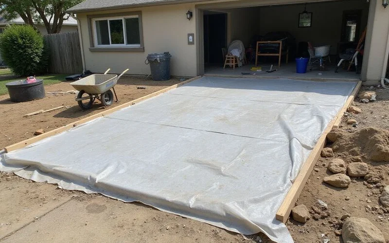 A freshly poured concrete driveway with a broom finish curing next to a Connecticut home, contractor tools visible nearby
