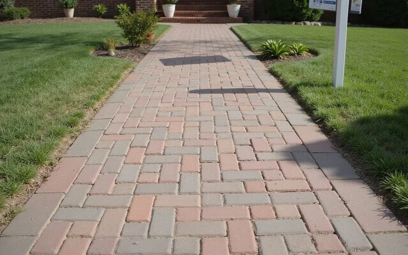 A real estate sign in front of a Connecticut home with a clean, well-maintained brick walkway leading to the front door
