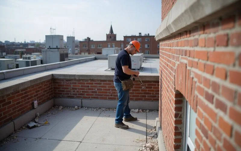 A commercial building facade with a mason inspecting a parapet wall from a lift, brick and mortar joints visible up close