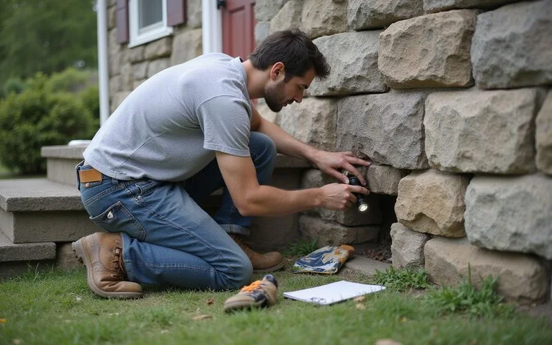 A home inspector examining the stone foundation of an older Connecticut house with a flashlight, checking for cracks and moisture