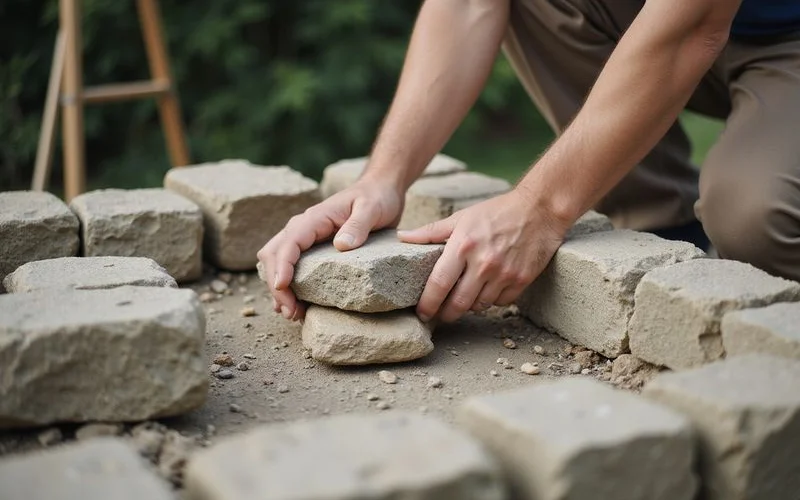 A mason carefully fitting irregular fieldstones into a low garden wall, mortar joints visible between the stones