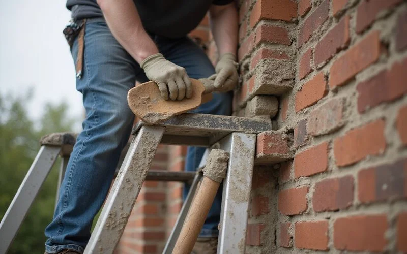 A mason working on chimney repointing near the top of a brick chimney with scaffolding visible against a Connecticut sky
