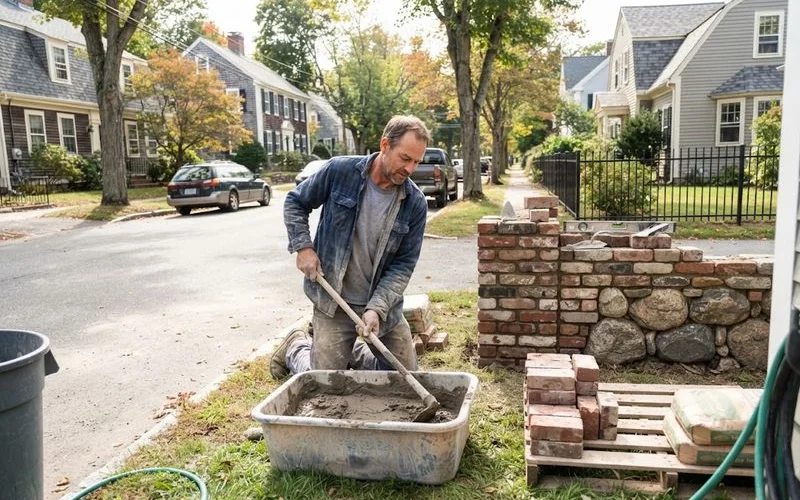 A stonemason repointing a brick chimney on a Connecticut home, showing the kind of hands-on trade work this directory ranks and compares