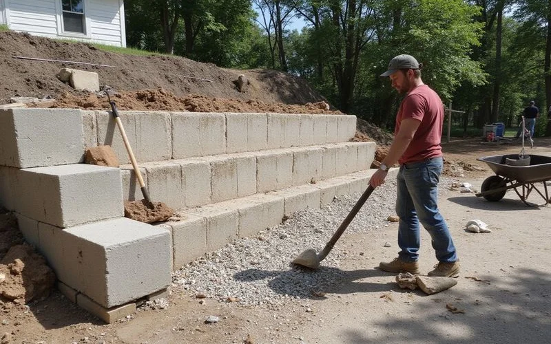 A crew building a segmental retaining wall on a sloped Connecticut backyard, gravel backfill visible behind the stacked blocks