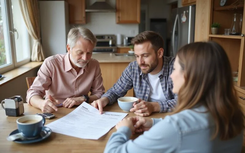 A homeowner reviewing a printed insurance policy document at a kitchen table with a laptop open nearby